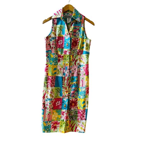 Sharon Young Patchwork Floral Tropical Print Sleeveless Shirt Dress Size 4 - Picture 7 of 7